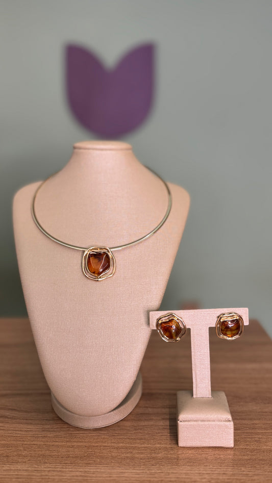 CONJUNTO CHOKER ARO E BRINCO ORGÂNICO RESINADO