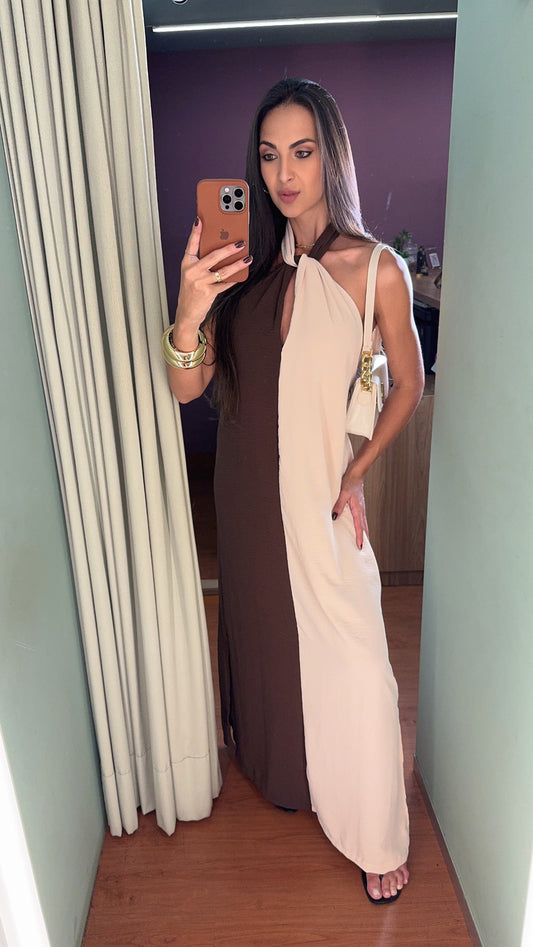 VESTIDO LONGO BICOLOR FRENTE ÚNICA