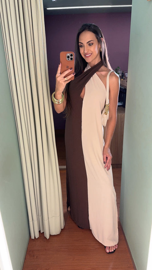 VESTIDO LONGO BICOLOR FRENTE ÚNICA
